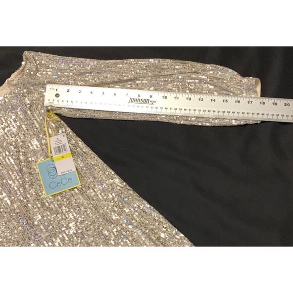 CeCe Womens Dress Medium NWT Bow Shoulder Long Sleeve Sequin Champagne Cocktail - Picture 10 of 13